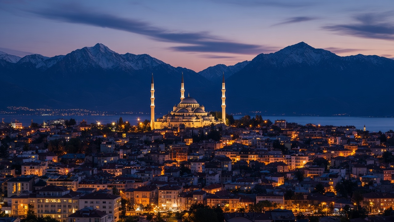 Akşam saatlerinde Van, cami ve dağ silüeti